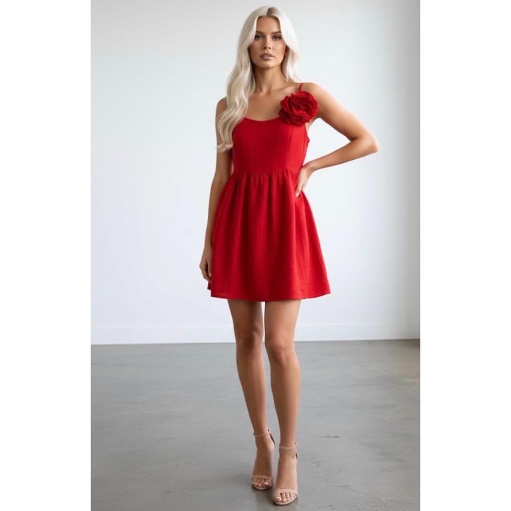 Lena Roses are Red Floral Appliqué Babydoll Coquette Flared Mini Party Dress L